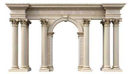Classical stone architectural element with columns and arch, isolated on transparent background