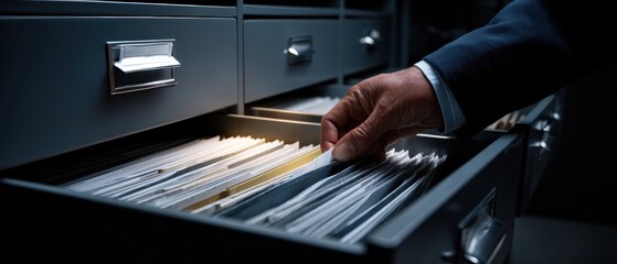 Mans hand searching through file cabinet, pulling documents in dark office Concept of investigation, audit, and data management