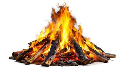 A bright bonfire with flames and burning logs isolated on transparent background