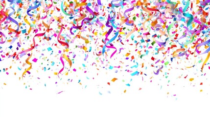 Colorful confetti and streamers fall against a bright white background, festive and joyous