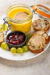 Foie gras goose liver appetizer delicacy fresh delicious gourmet food background on the table rustic food top view copy space