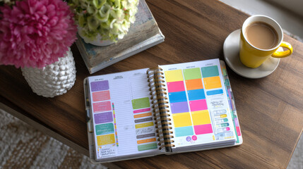 A cozy morning scene with a colorful planner, fresh flowers, and a cup of coffee on a wooden table