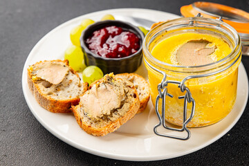 Foie gras goose liver appetizer delicacy fresh delicious gourmet food background on the table...