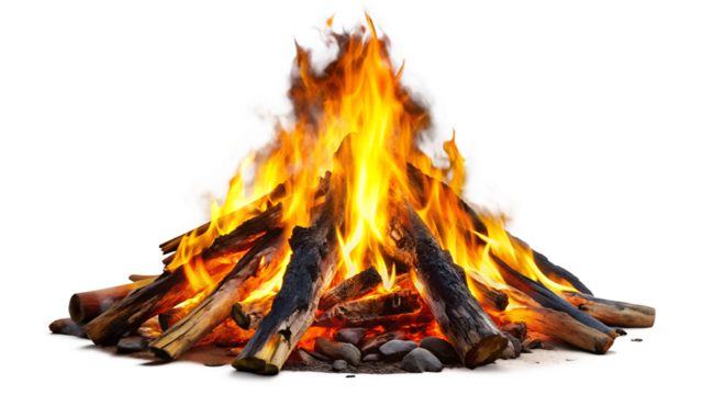 A bright bonfire with flames and burning logs isolated on transparent background