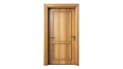 A closed wooden interior door with paneling, handle, and frame, isolated on a transparent background