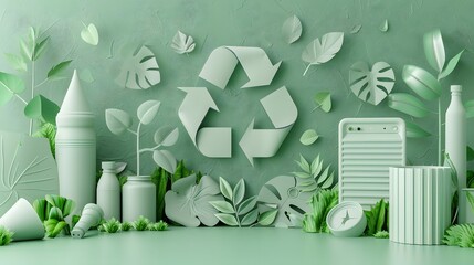 Still life of recycling symbol with plants and objects in a monochromatic green color scheme