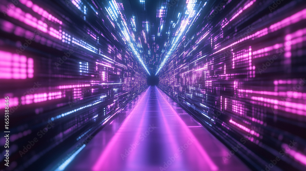 Poster cyber futuristic high-speed light tunnel, 3d rendering with glowing neon lines, dynamic perspective,