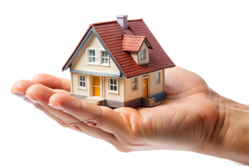 Small model house with red roof held in a hand, isolated on transparent background