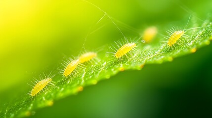 Obraz premium Tiny yellow fuzzy larvae crawling in a line on a green leaf in sunlight