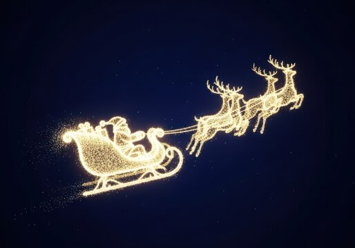 Santa claus flying in his sleigh pulled by reindeer made of golden sparkles against a dark starry night sky