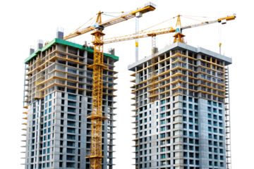 Two unfinished skyscrapers with yellow construction cranes against a transparent background