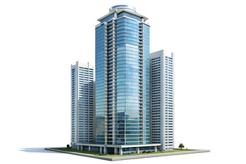 A modern glass skyscraper with surrounding buildings in a city setting, isolated on transparent background