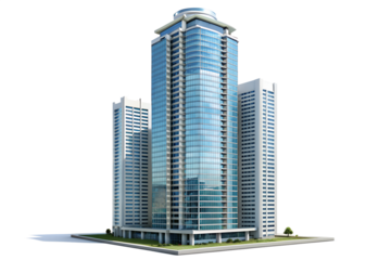 A modern glass skyscraper with surrounding buildings in a city setting, isolated on transparent background