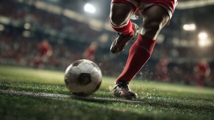 A player in a red uniform is making a powerful strike on the ball on a well-maintained field. The stadium lights illuminate the action, creating an exciting atmosphere.