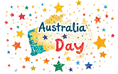 Detailed depiction of an Australia Day 2026 festive banner showcasing patriotic colors symbolic elements and the joyful spirit of the holiday isolated on transparent background PNG