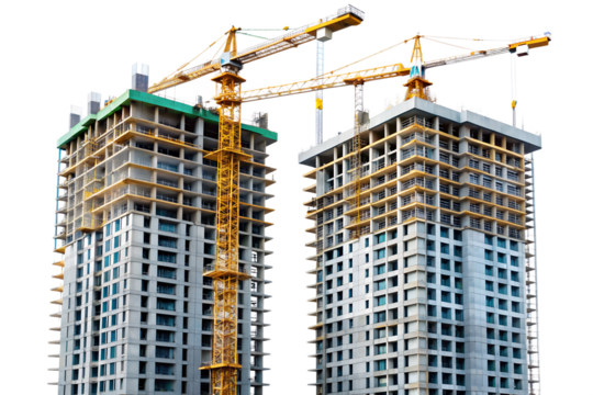 Two unfinished skyscrapers with yellow construction cranes against a transparent background