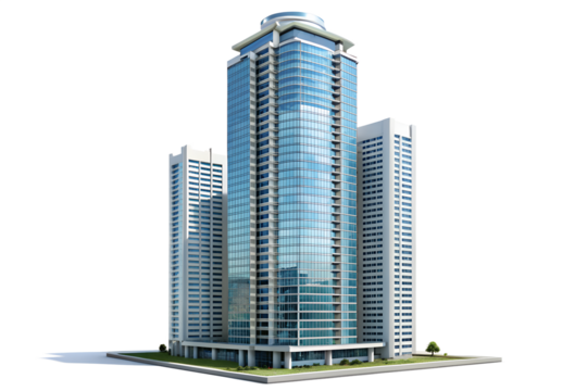 A modern glass skyscraper with surrounding buildings in a city setting, isolated on transparent background