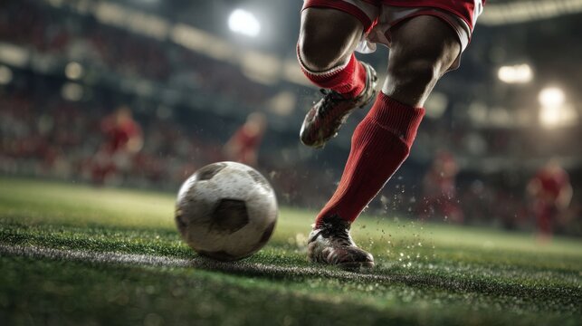 A player in a red uniform is making a powerful strike on the ball on a well-maintained field. The stadium lights illuminate the action, creating an exciting atmosphere.