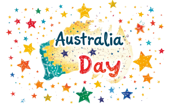 Detailed depiction of an Australia Day 2026 festive banner showcasing patriotic colors symbolic elements and the joyful spirit of the holiday isolated on transparent background PNG