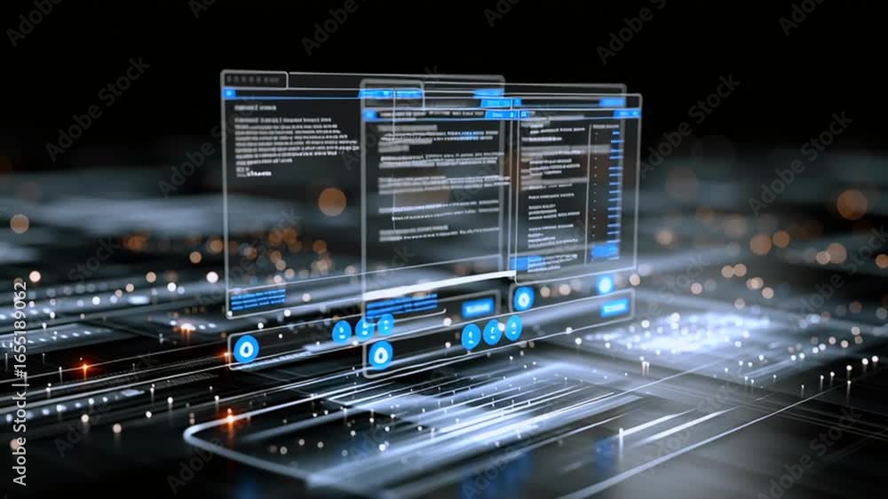 Poster sleek digital landscape revealing cascading programming code lines expanding across dark, transparen