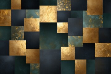 Golden squares, green geometric shapes and background. Generative AI