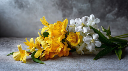 Yellow and white flowers on grey background with soft lighting