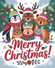 Fototapeta premium Cute Merry Christmas Card with Winter Animals in Hats and Scarves for Festive Holiday Greetings and Seasonal Decorations