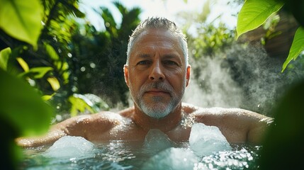 Seasonal adaptation health technique featuring determined senior man submerged in therapeutic cold plunge pool embracing temperature contrast for mental clarity and stress reduction