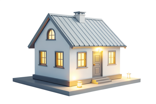 Cozy modern house with warm lighting, isolated on transparent background