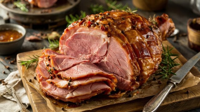 Glazed ham with diamond scoring and spiral cut slices on wooden cutting board with rosemary garnish and carving knife