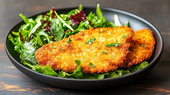 Crispy breaded chicken cutlet served with a fresh green salad on a dark plate