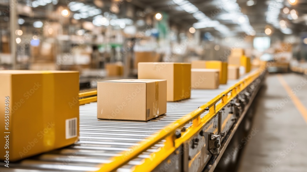 Poster cardboard boxes are moving along a conveyor belt in a large warehouse. workers are focused on organi