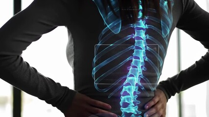 Digital spine visualization with holographic anatomy overlay. Medical technology concept for back pain diagnosis, healthcare innovation, and therapeutic assessment in modern clinical environment. - Powered by Adobe