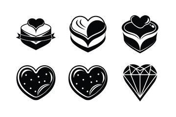 Obraz premium Silhouette set of heart shaped cakes cookies and diamond Vector illustration
