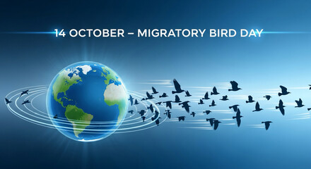 Motion graphic with globe spinning and birds circling around, “14 October – Migratory Bird Day”.