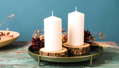 Two elegant white candles sit atop rustic wooden slices, arranged on a dark green tray, accented with dried fall foliage.