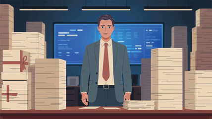 Overworked businessman in office overwhelmed by paperwork and responsibilities showcasing a stressful deadline corporate culture and challenging workload leading to burnout