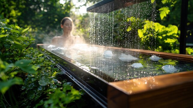 Recovery protocol rejuvenation ritual showcasing serene wooden bath immersion with therapeutic steam clouds in tranquil garden environment
