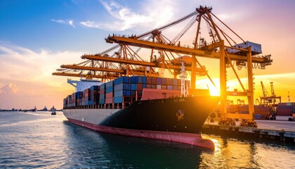 Fototapeta premium Large container ship docked at sunset, giant cranes loading cargo containers. Golden hour light reflects on water.