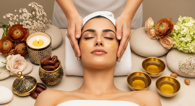 A Moroccan-Inspired Luxury Spa Experience with Argan Oil & Organic Skincare for beauty magazine covers, spa gift voucher designs, premium lifestyle campaigns, wellness retreat invitations