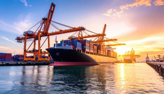 Large container ship docked at harbor sunset. Giant cranes load cargo containers. Golden hour light.