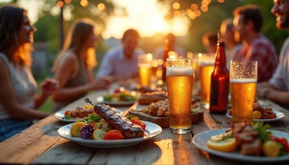Outdoor dining party with delicious food, cold beer on rustic wooden table. Friends enjoy sunset dinner with grilled meat, tasty dishes, festive drinks. Summer celebration with social gathering.