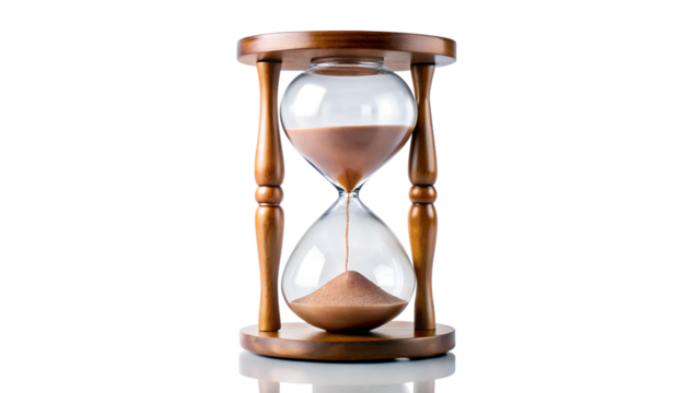 Vintage wooden hourglass with sand flowing, isolated on transparent background