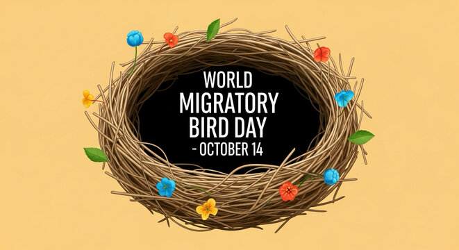 Creative nest illustration with text inside “World Migratory Bird Day – October 14”.
