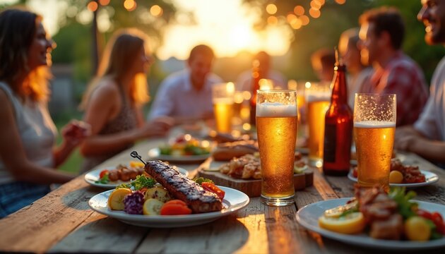 Outdoor dining party with delicious food, cold beer on rustic wooden table. Friends enjoy sunset dinner with grilled meat, tasty dishes, festive drinks. Summer celebration with social gathering. - Powered by Adobe