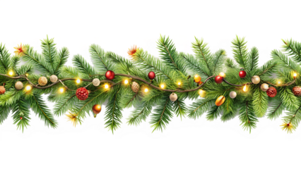 Christmas garland with pine branches, ornaments, and lights, isolated on transparent background