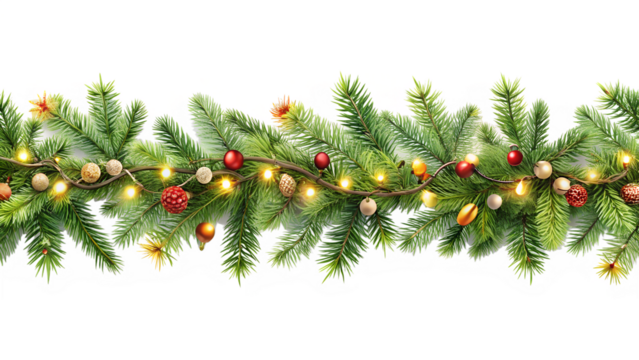 Christmas garland with pine branches, ornaments, and lights, isolated on transparent background