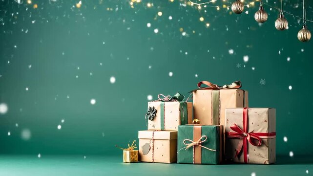 Festive Christmas Gifts: Wrapped Presents with Snowfall and Lights
