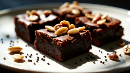 Chia seed brownies with nuts on white plate