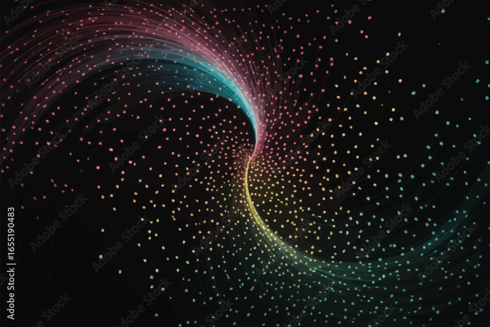 Poster abstract vortex of colorful dots swirling in a dark space creating a dynamic and mesmerizing effect